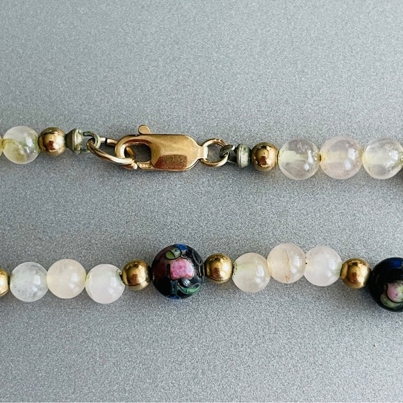 14k Gold Vintage Cloisonné & Pink Agate Beaded Necklace - Picture 2 of 6